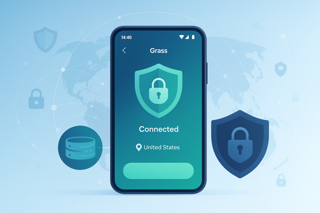 Android 14 phone showing Free VPN Grass app with secure VPN connection, shield icon and server location