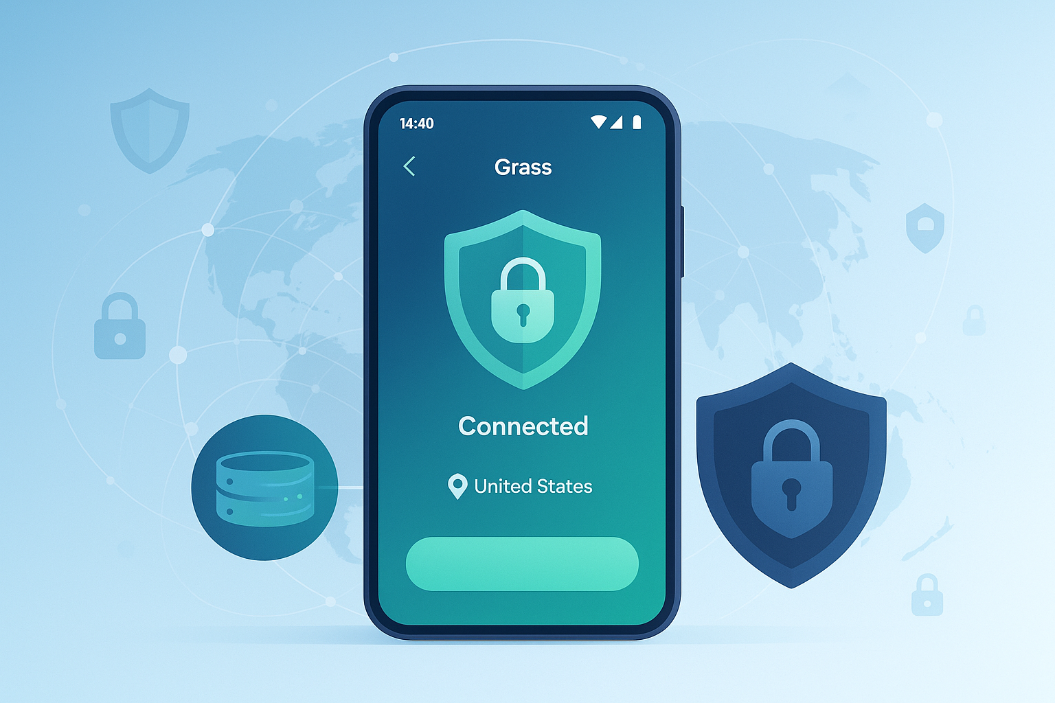 Free VPN Grass යෙදුම සහිත Android 14 දුරකථනය, ආරක්ෂිත VPN සම්බන්ධතාවය, ආරක්ෂක ලාංඡනය සහ සේවාදායක ස්ථානය