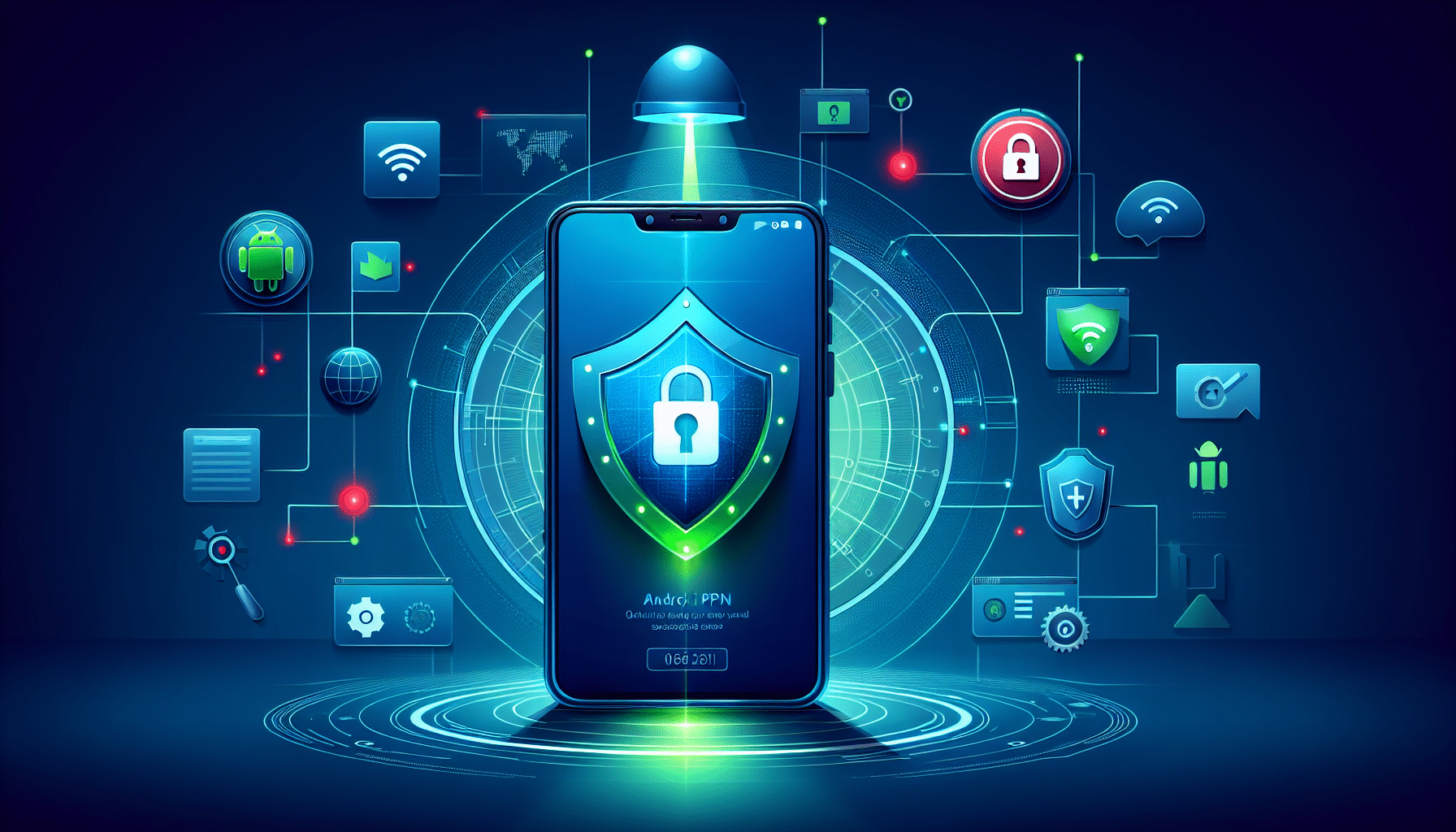 Android MITM protection: smartphone with VPN shield icon and secure tunnel illustrating Android MITM protection