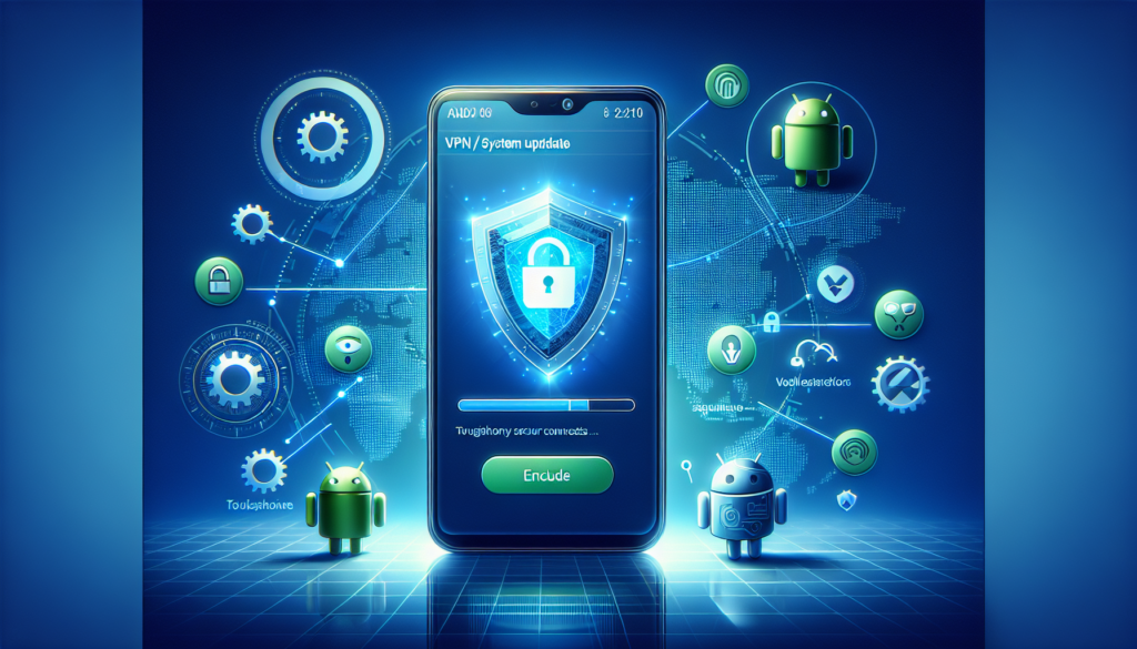 Android 14 smartphone with VPN shield icon and update progress, showing troubleshooting for Free VPN Grass Android 14 issues