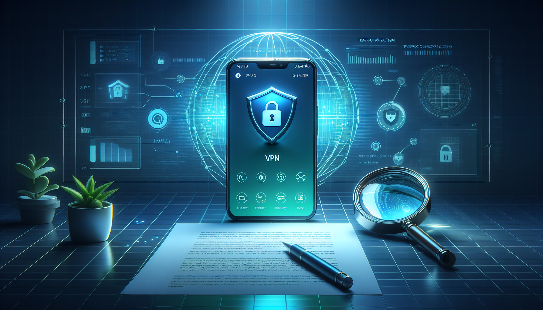 Android phone inspecting no-logs policy for Free VPN Grass, privacy verification illustration