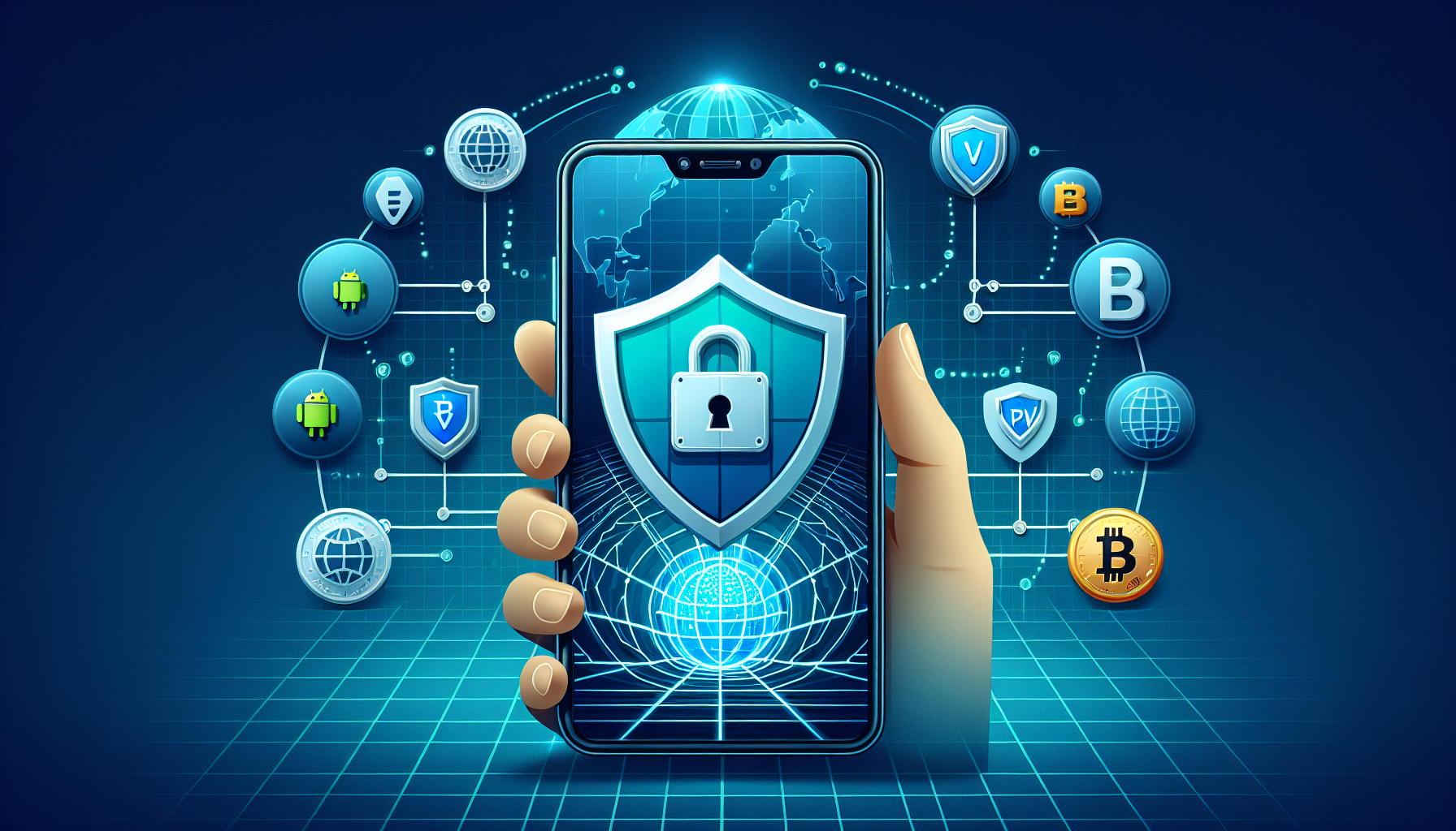 Android phone with VPN shield protecting cryptocurrency transactions - VPN for cryptocurrency