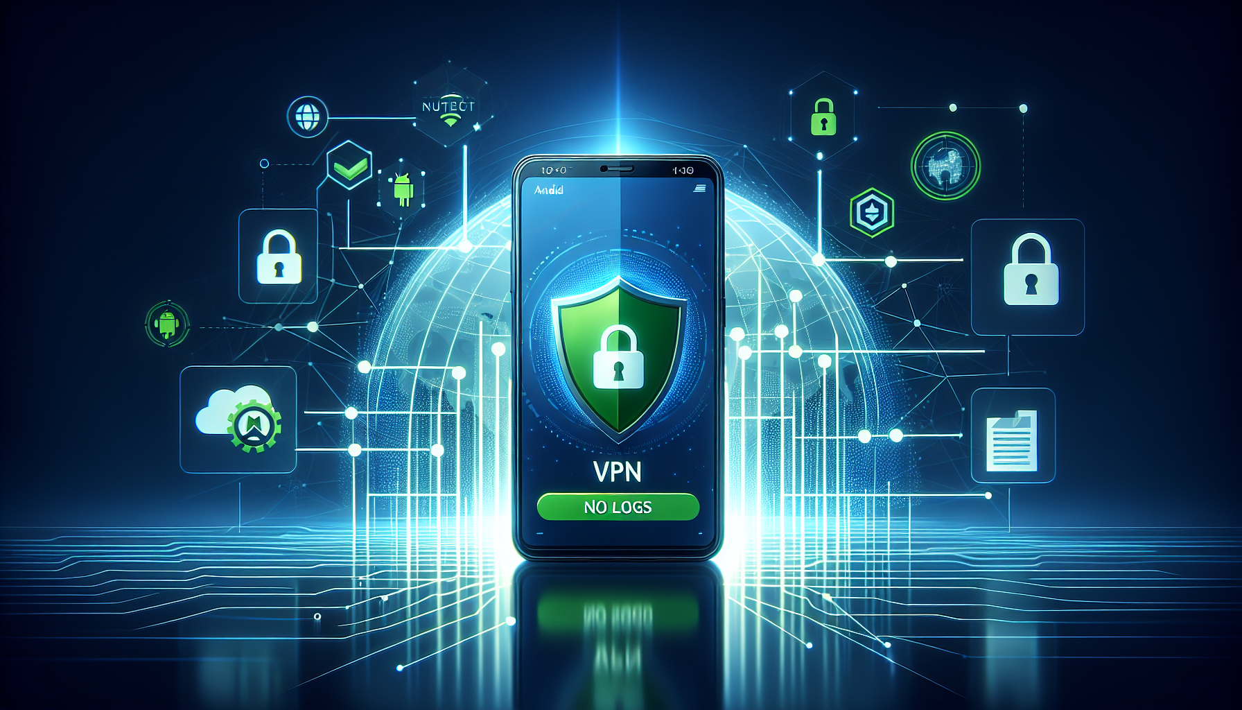 Android phone with VPN shield and 'no-logs' privacy visualization showing secure connection and protected browsing