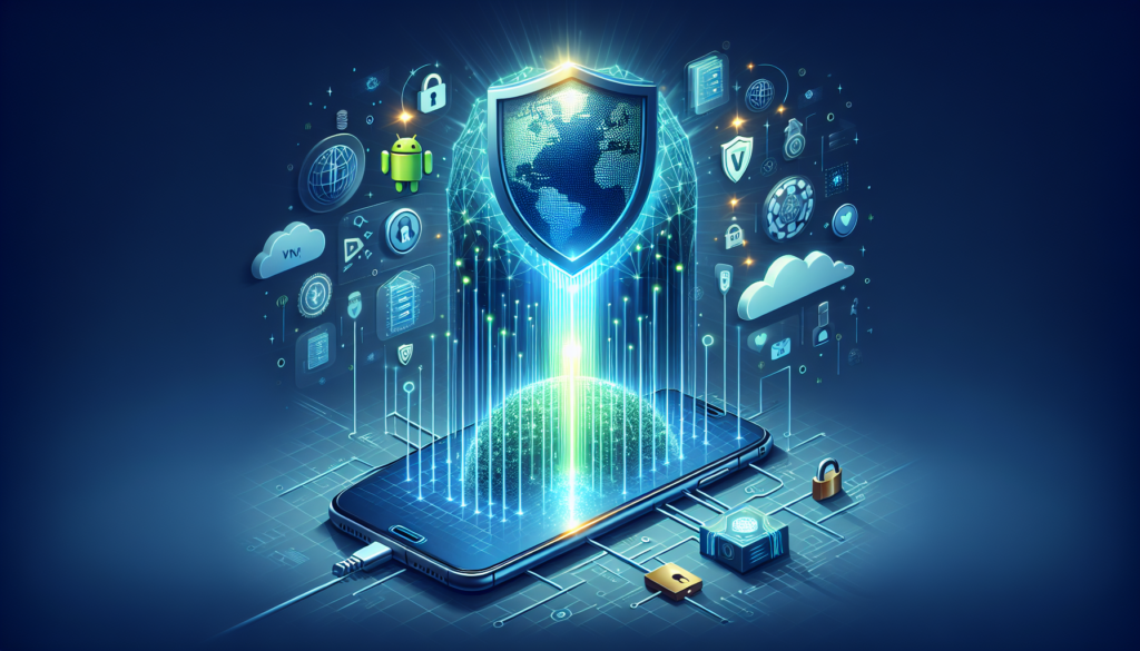 Android phone displaying a secure VPN tunnel connection with shield icon and encrypted data flow (VPN tunnel)