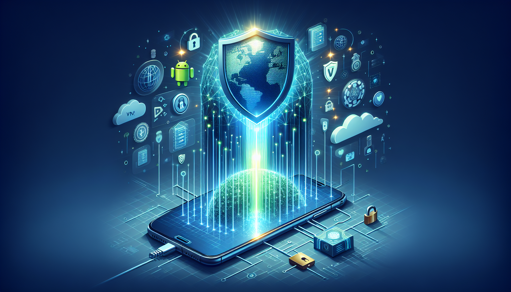 Android phone displaying a secure VPN tunnel connection with shield icon and encrypted data flow (VPN tunnel)