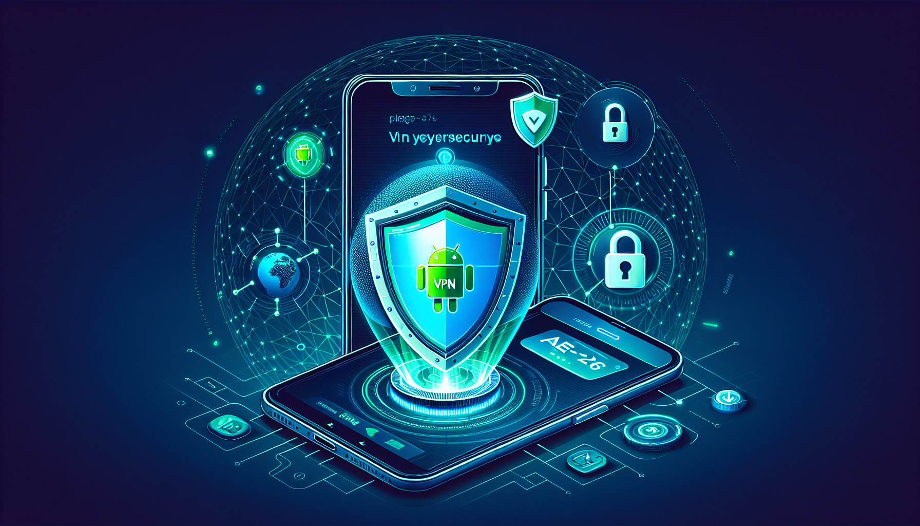 Android phone showing AES-256 encryption shield securing VPN traffic