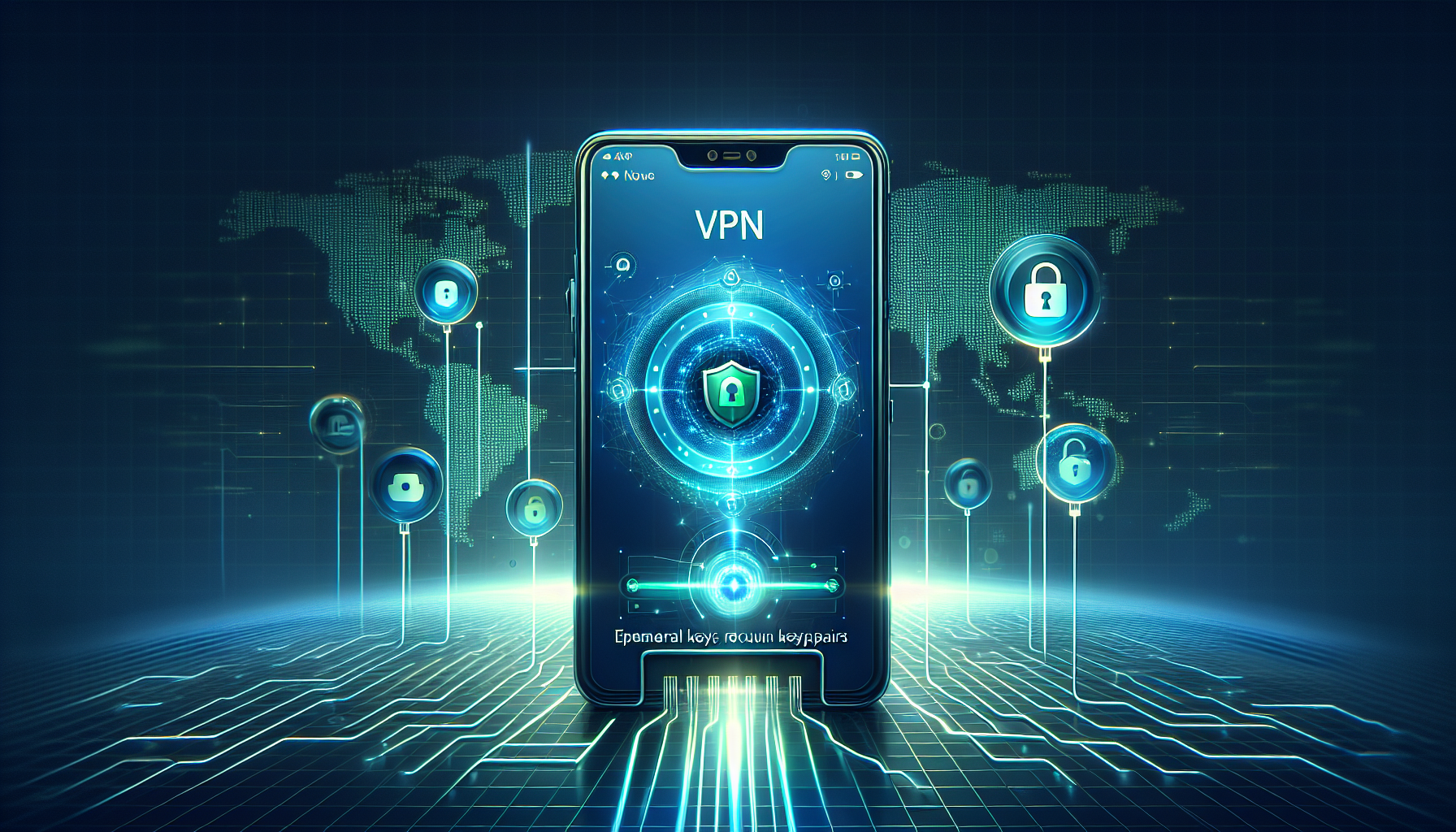 Android phone showing VPN shield and ephemeral keys illustrating perfect forward secrecy (PFS)