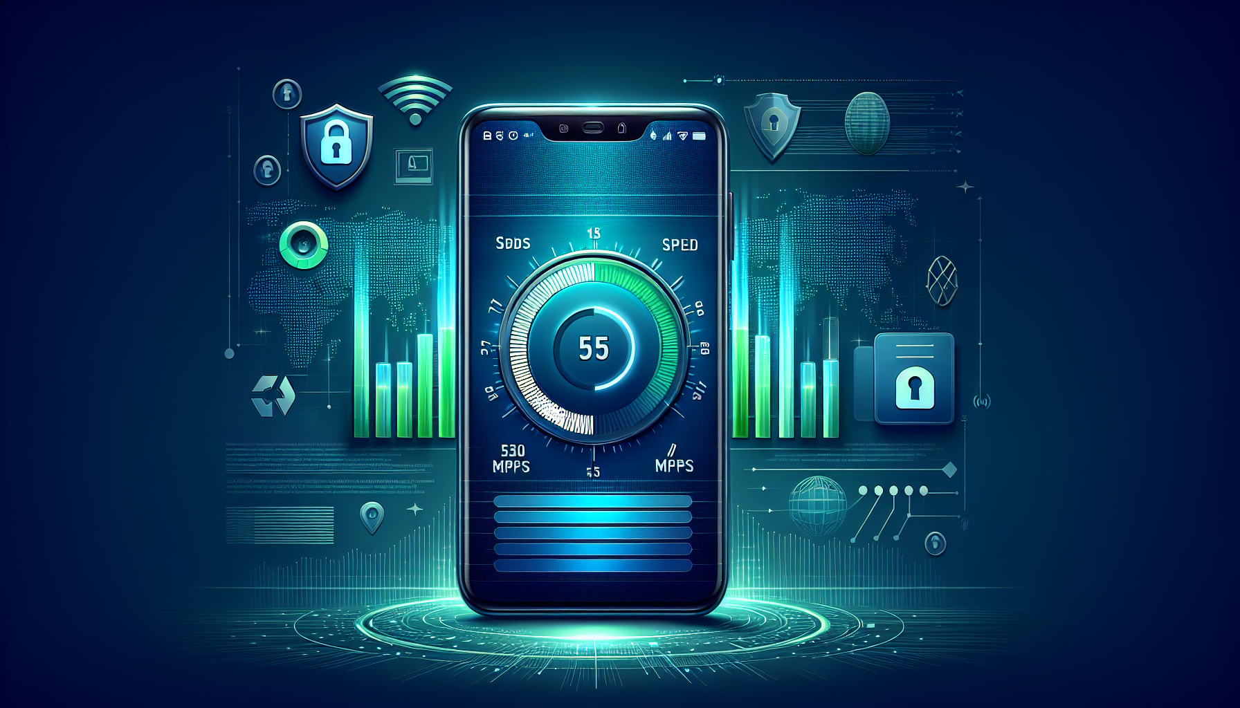 Android VPN speed comparison image showing smartphone with VPN shield and speedometer - Android VPN speed