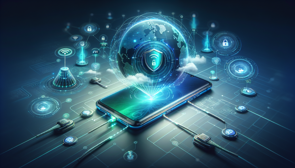 Samsung Galaxy S24 displaying Free VPN Grass connection with VPN shield icon and network nodes - install Free VPN Grass