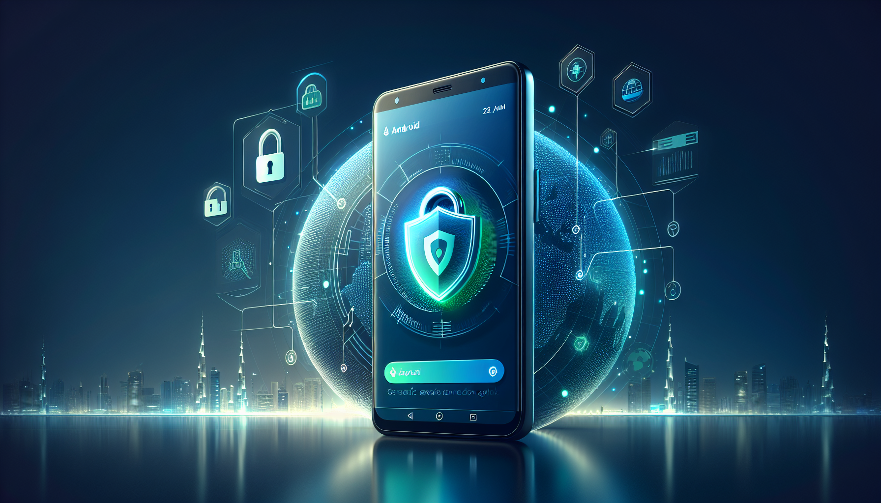 Android phone with VPN shield and UAE skyline showing Free VPN Grass secure connection - Free VPN Grass UAE