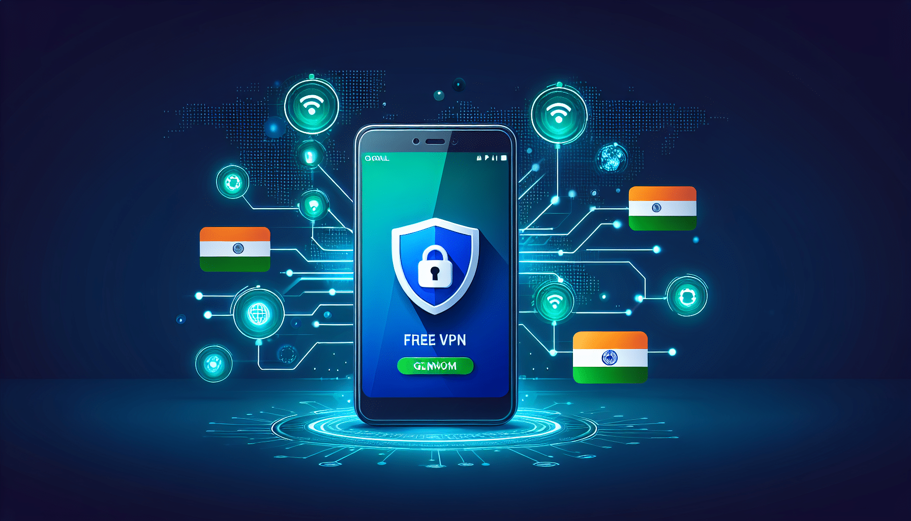 Android phone showing Free VPN Grass app with Indian flag overlay and secure VPN shield icon