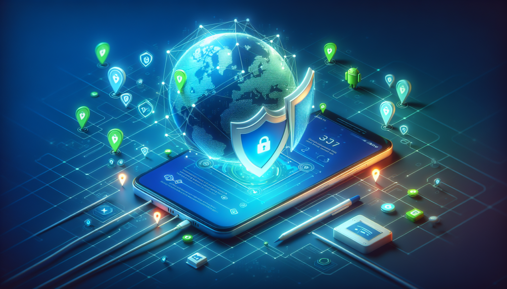 Android phone with world map and many VPN server pins representing free VPN locations