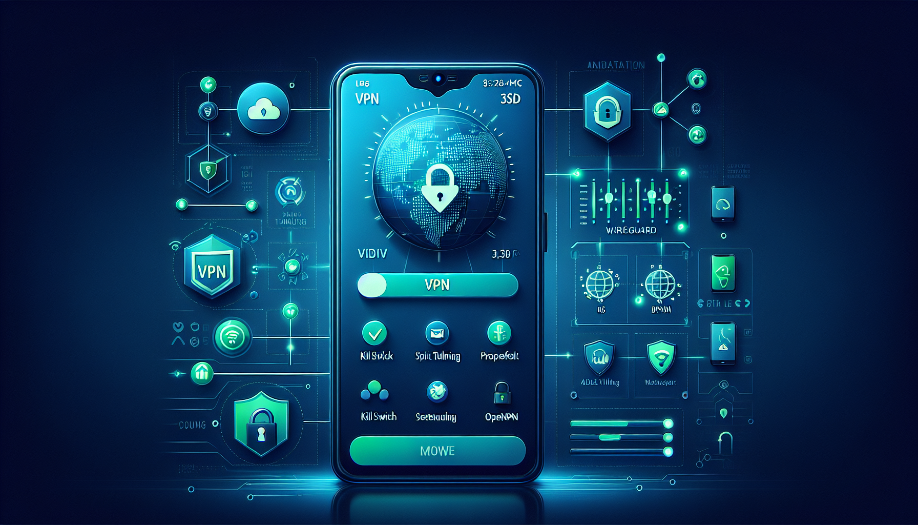 Android VPN settings screen showing advanced options like protocol selection, split tunneling, kill switch for Advanced VPN settings