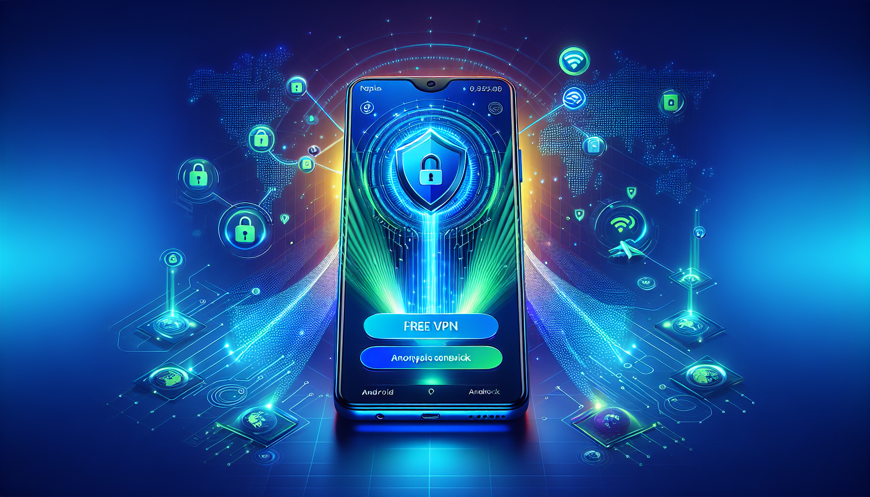 Android phone showing Free VPN Grass app with VPN shield icon and secure connection visualization