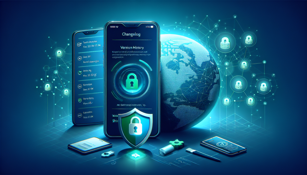 Illustration of Free VPN Grass Android version history and changelog showing updates and security shield