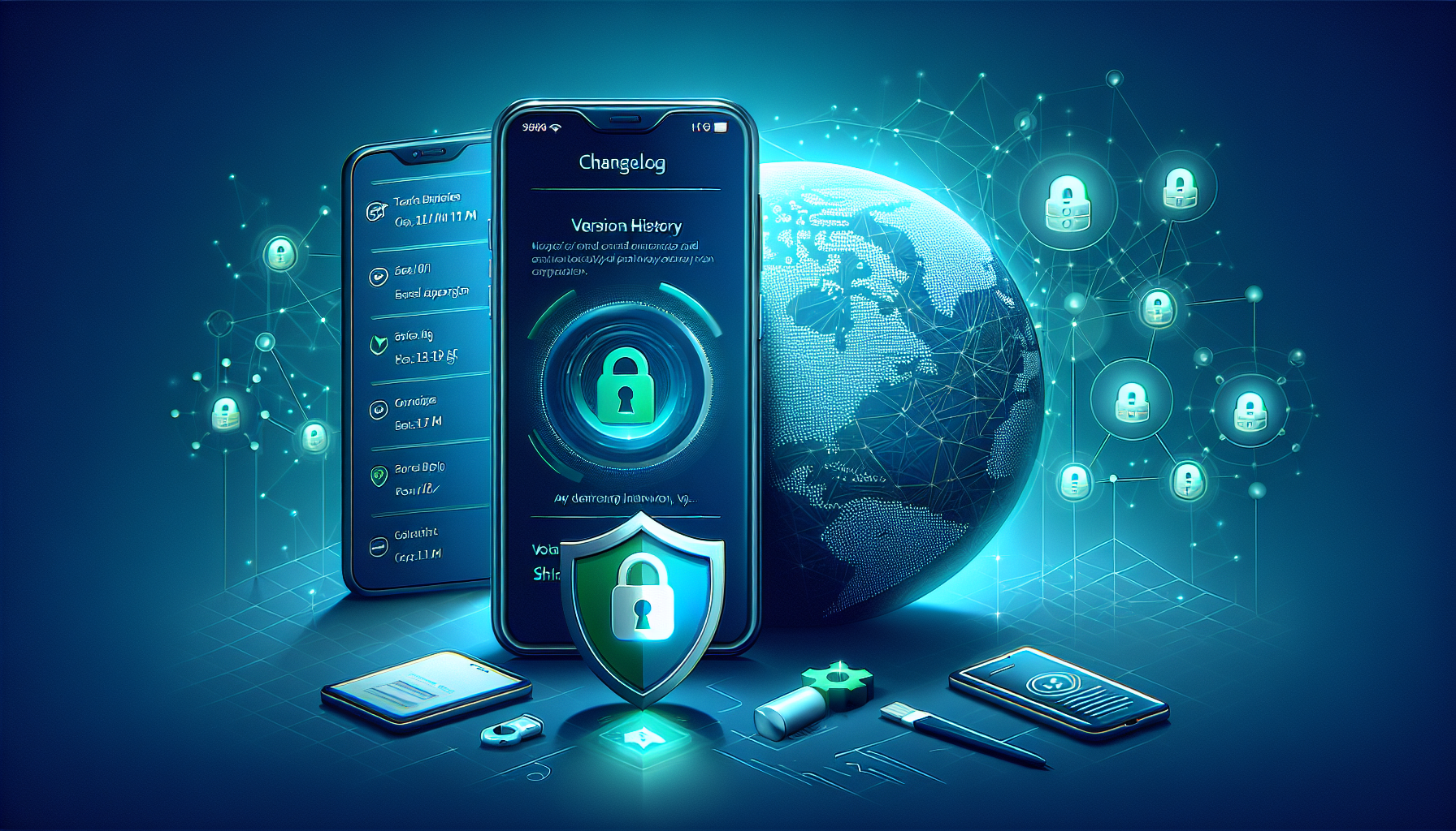 Illustration of Free VPN Grass Android version history and changelog showing updates and security shield