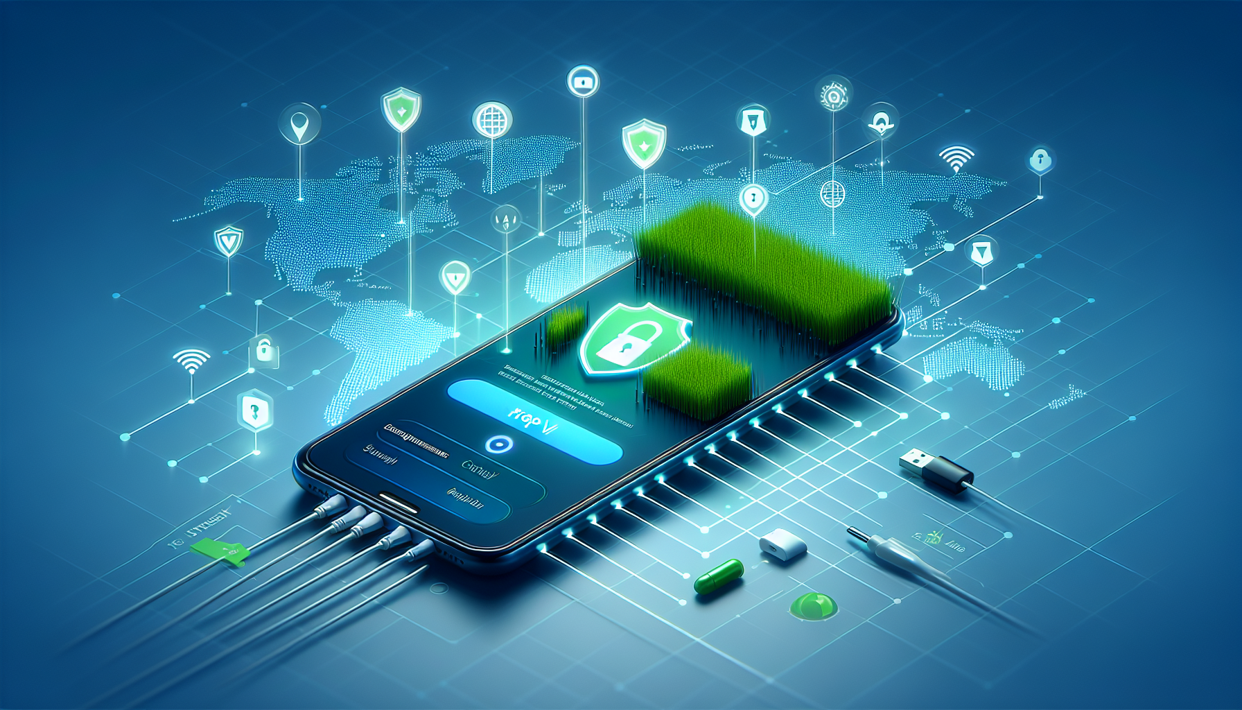 Android phone showing Free VPN Grass app with shield icon and global server map - Free VPN Grass review