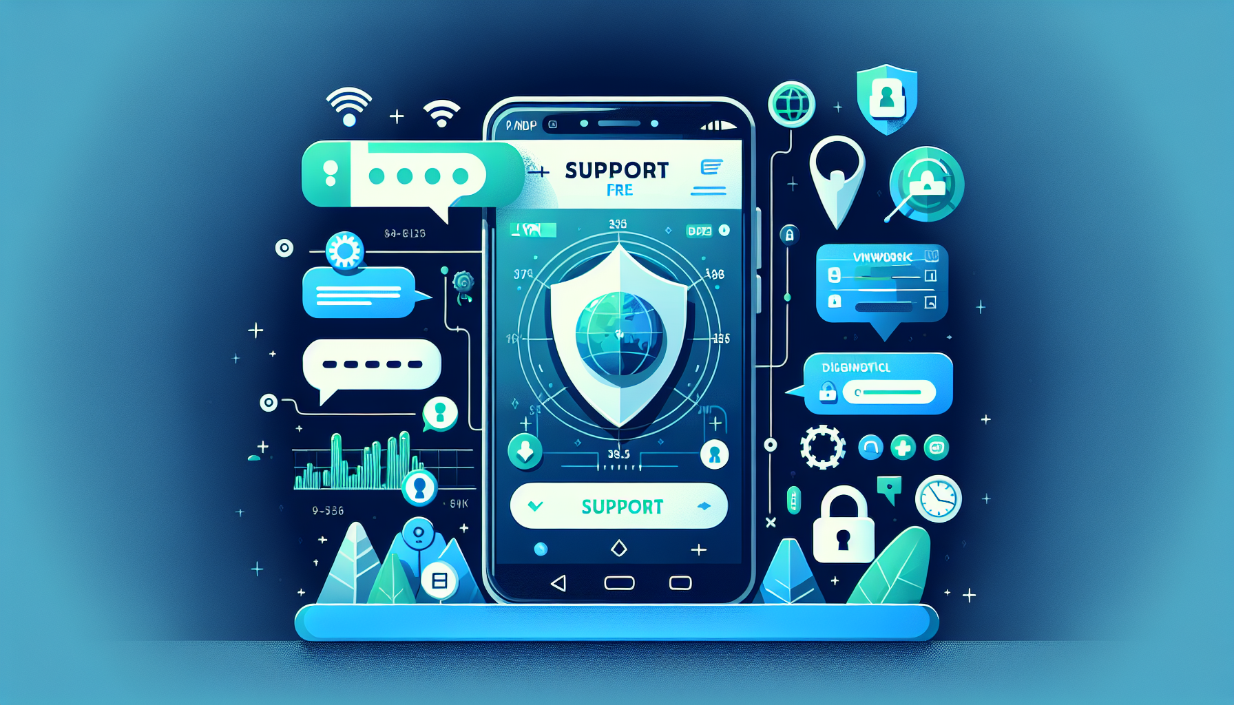 Android phone showing Free VPN Grass support screen with diagnostic icons and chat bubbles