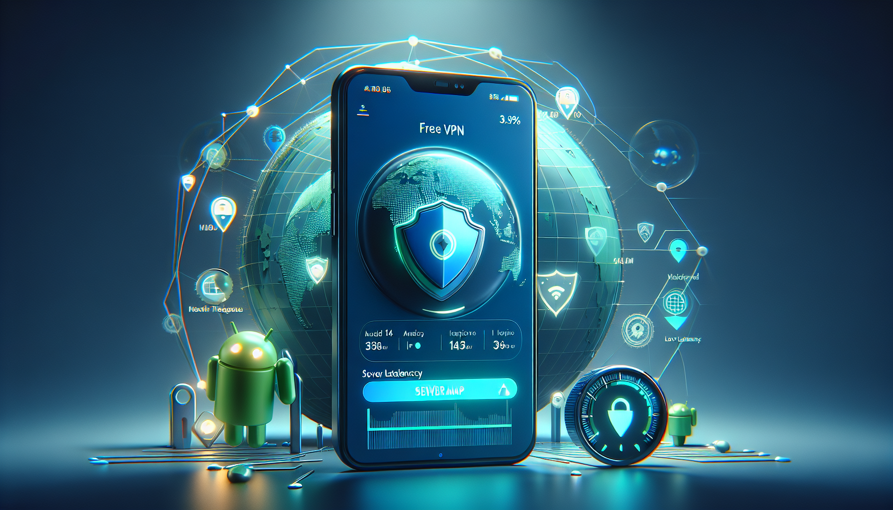 Free VPN Grass Android performance illustration showing app interface, shield icon, and speedometer