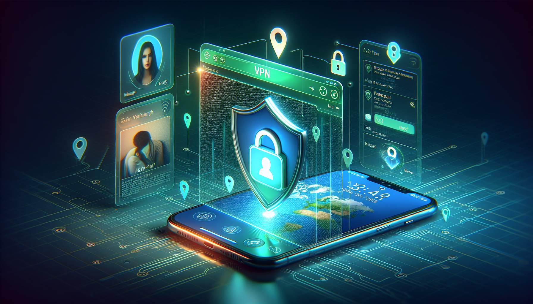 Android phone with VPN shield protecting dating app - dating apps privacy Android