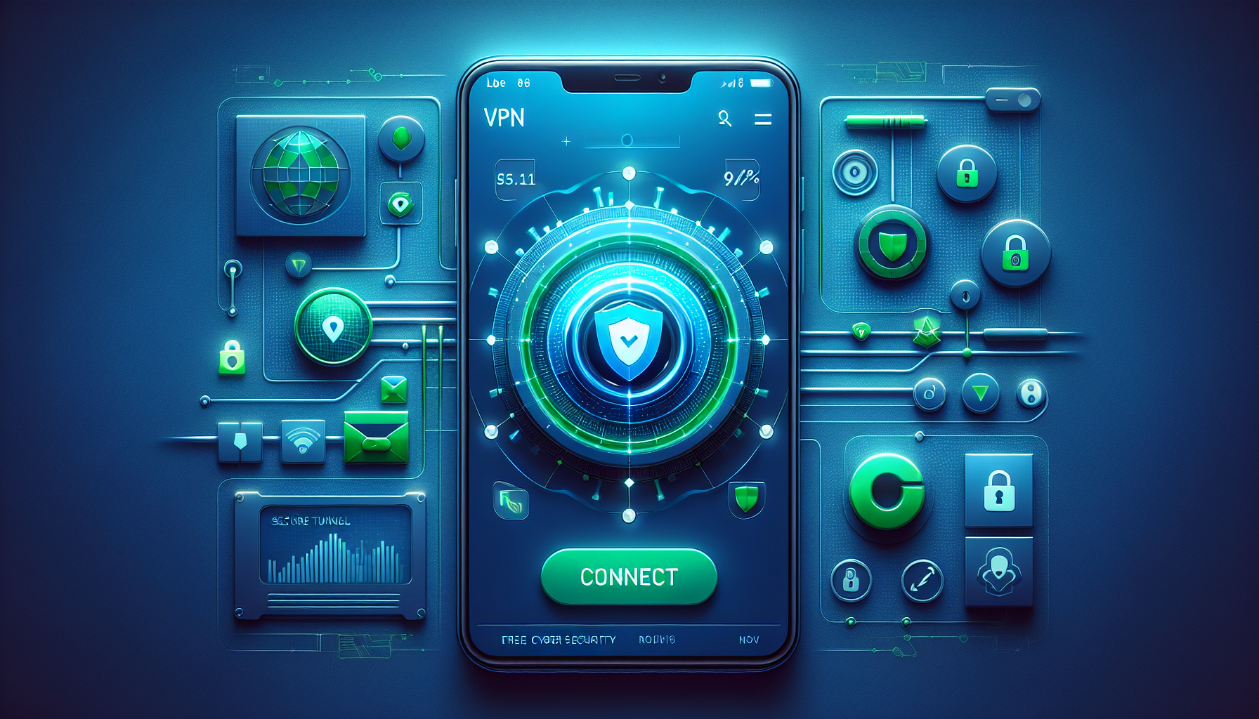 Android home screen with Free VPN Grass widget showing connect button and connected status
