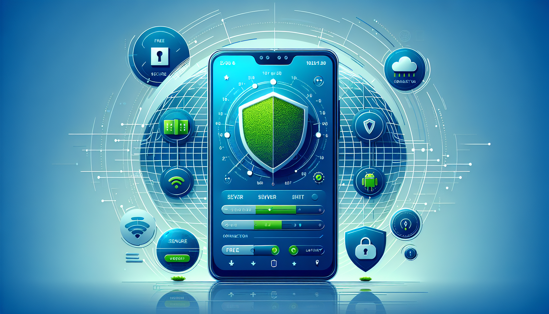 Free VPN Grass Android app screen showing secure connection and server list, Free VPN Grass Android